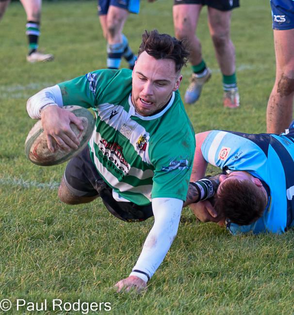 Liam Price - dives over for a try for Whitland. Picture Paul Rodgers
